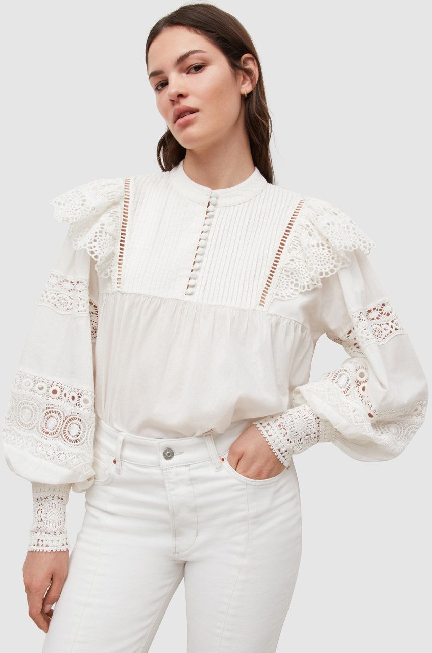 AllSaints bluzka bawełniana damska kolor biały z aplikacją