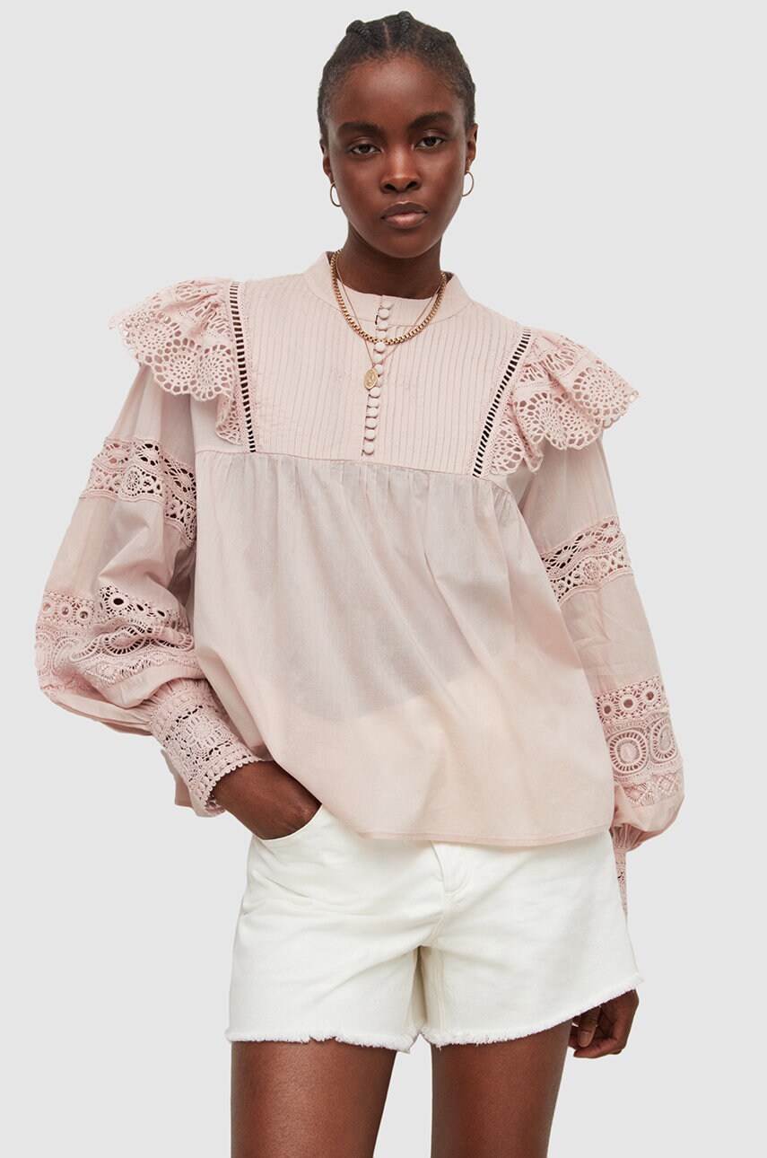 Allsaints bluza din bumbac femei, culoarea roz, cu imprimeu