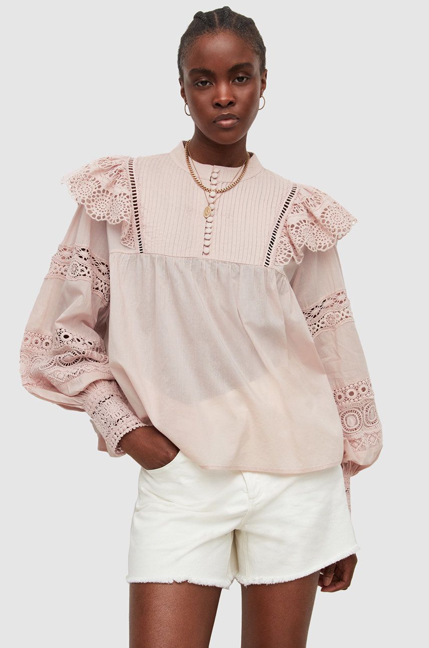 AllSaints bluzka bawełniana damska kolor różowy z aplikacją