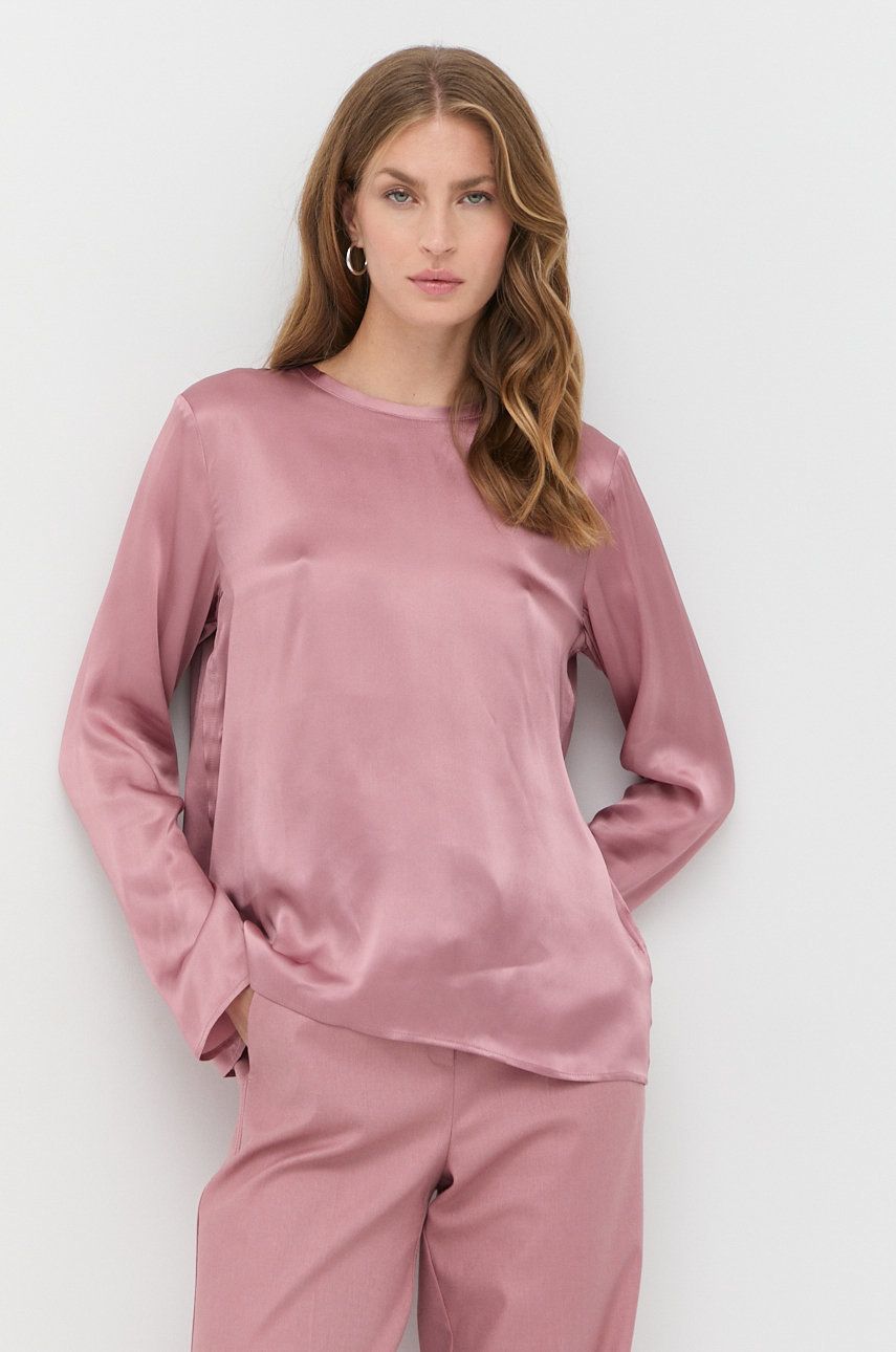 Marella bluzka z domieszką jedwabiu damska kolor różowy gładka