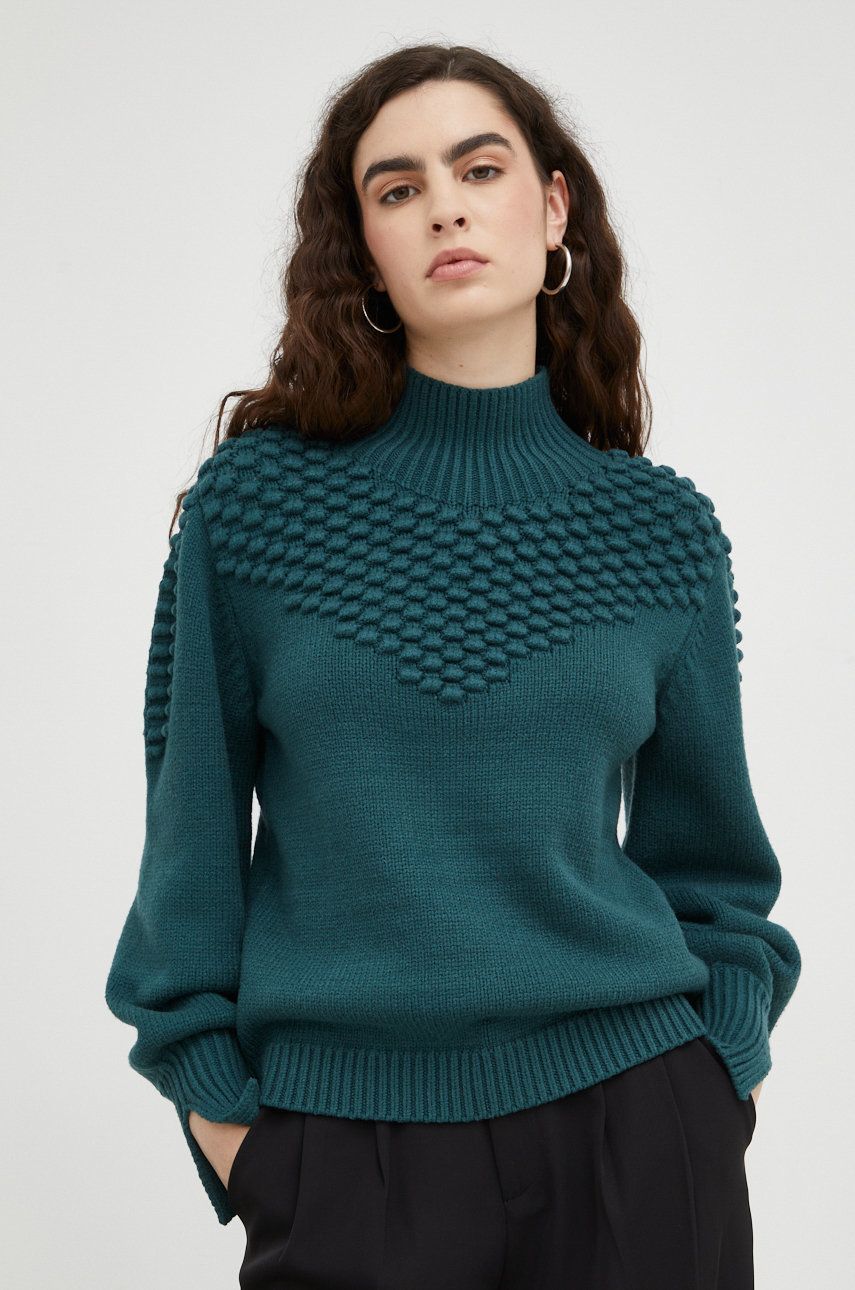 Bruuns Bazaar pulover femei, culoarea verde, călduros, cu guler