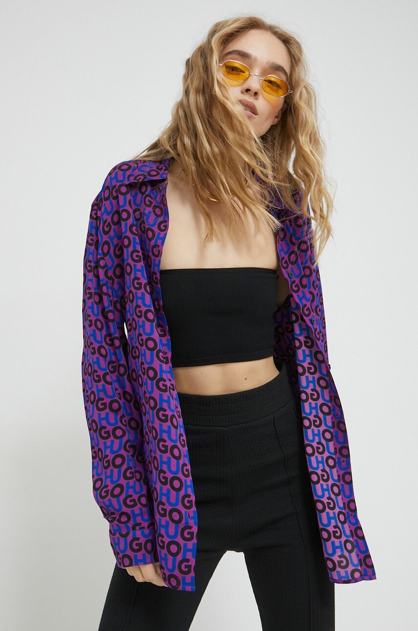 Hugo camasa femei, culoarea violet, cu guler clasic, regular