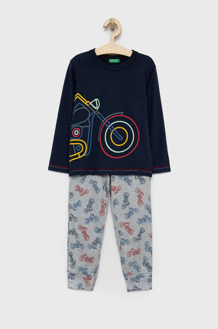 United Colors of Benetton pijamale de bumbac pentru copii culoarea gri, cu imprimeu