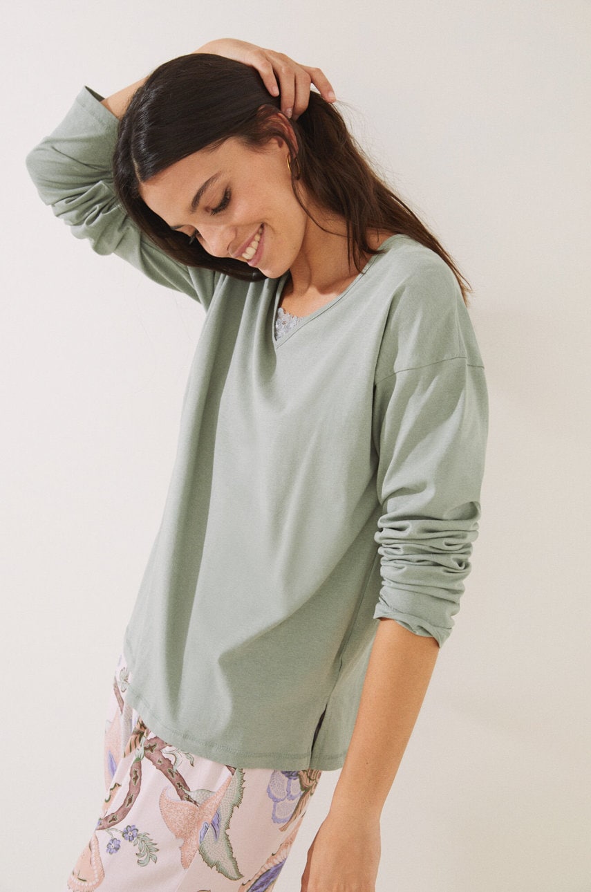 Women'secret longsleeve de pijama mix & match culoarea verde, bumbac