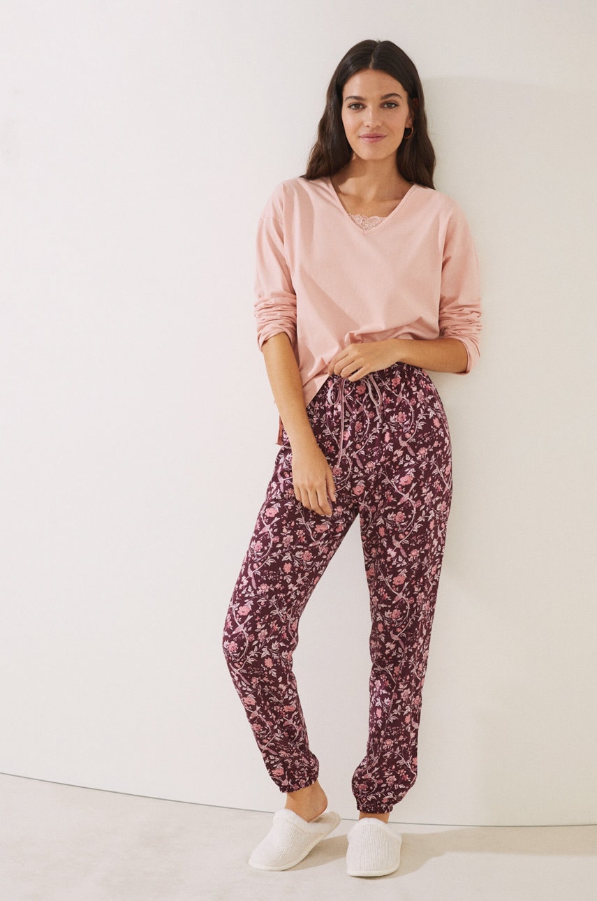 Women'secret longsleeve de pijama mix & match culoarea roz, bumbac