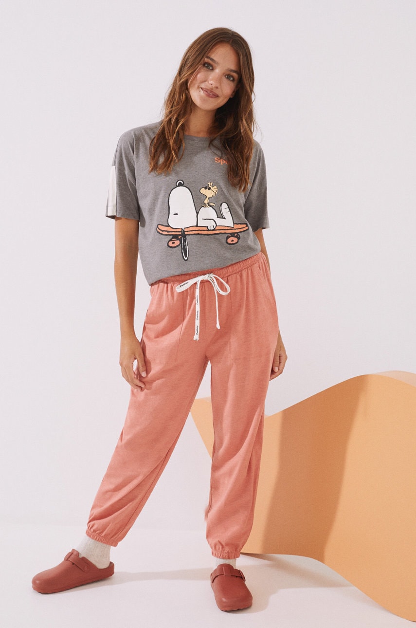 Women'secret pantaloni pijama bumbac snoopy culoarea portocaliu, bumbac
