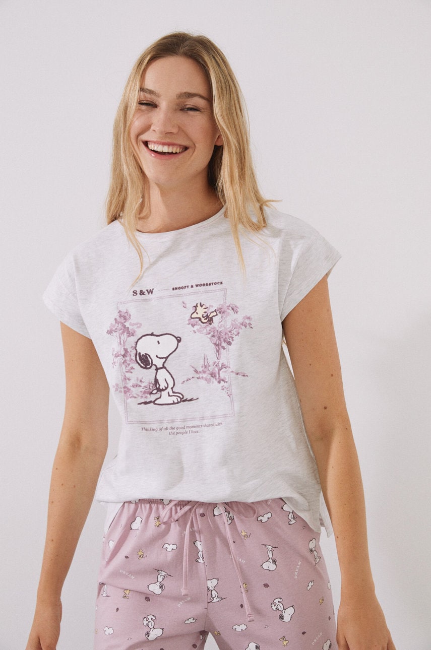 Women'secret pijamale de bumbac snoopy culoarea gri, bumbac