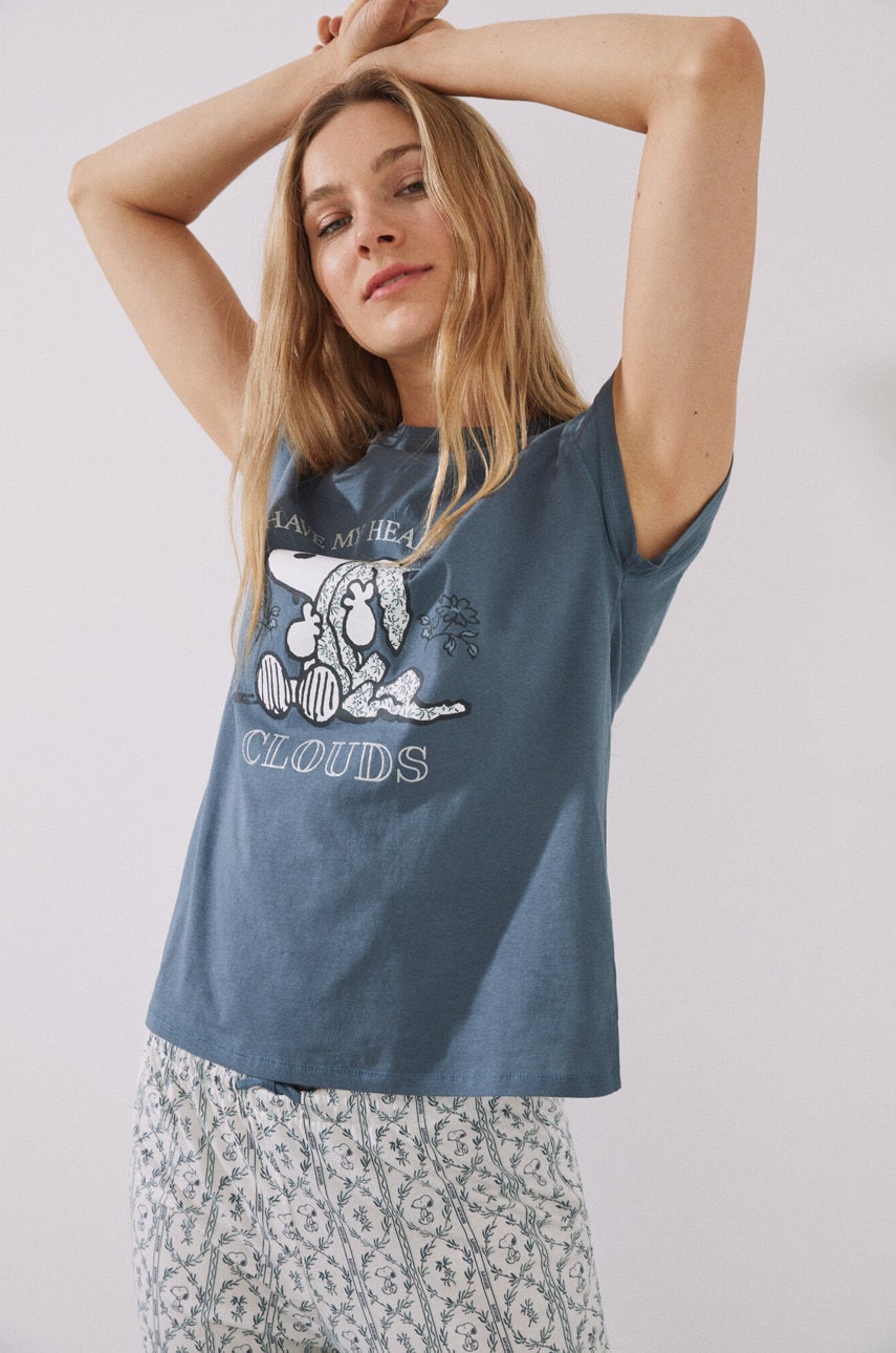 Women'secret pijamale de bumbac snoopy culoarea albastru marin, bumbac