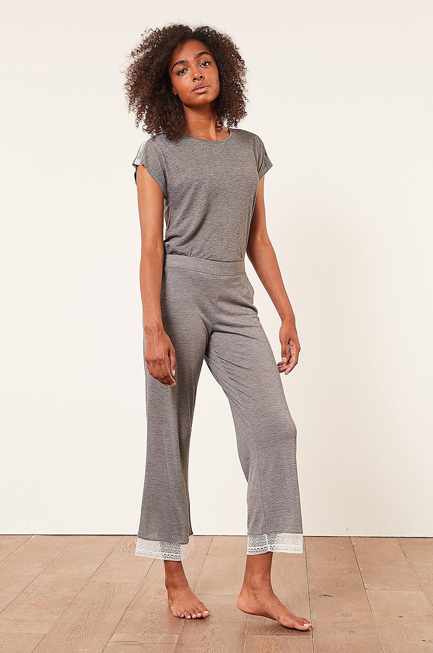 Etam pantaloni de pijama femei, culoarea gri, dantela