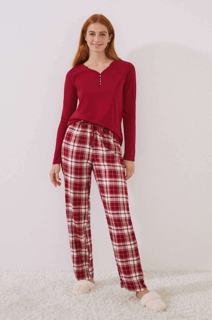 Women'secret longsleeve piżamowy bawełniany Mix & Match Nordic Xmas kolor czerwony bawełniana