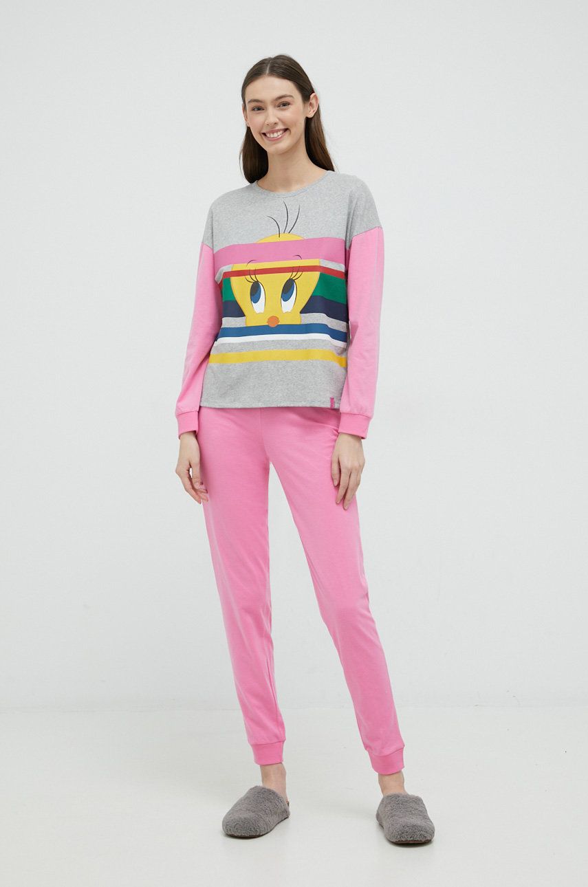 United Colors of Benetton pijamale de bumbac X Looney Tunes, Sylwester I Tweety culoarea roz, bumbac answear.ro