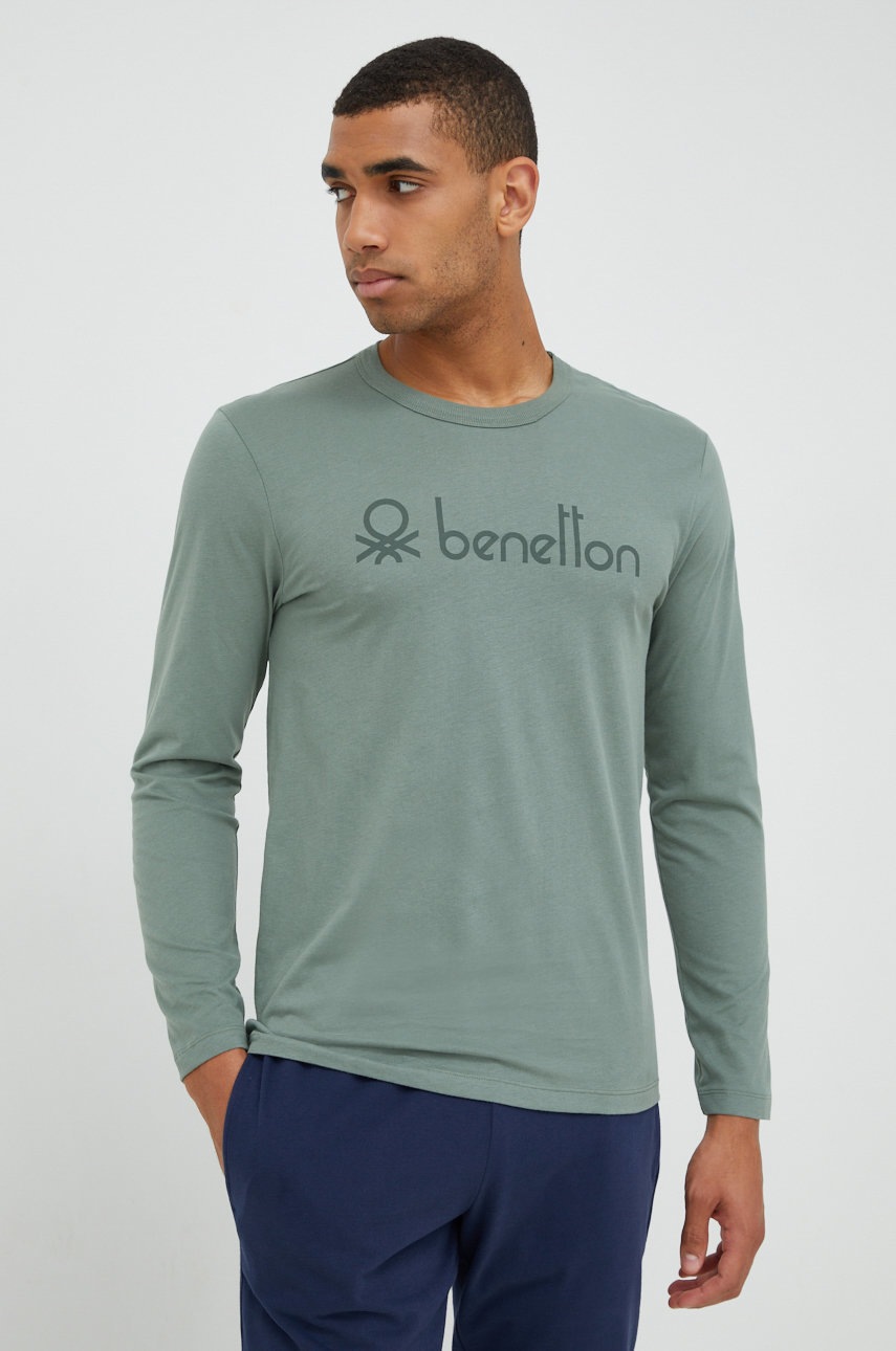 

Памучно горнище на пижама с дълги ръкави United Colors of Benetton в зелено с изчистен дизайн, Зелен
