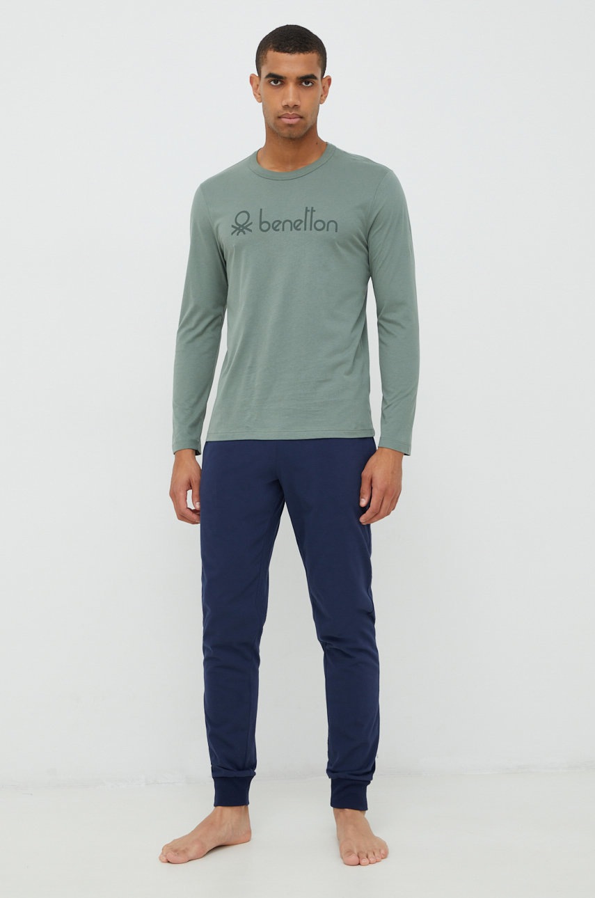 

Хлопковый пижамный лонгслив United Colors of Benetton цвет зелёный однотонная