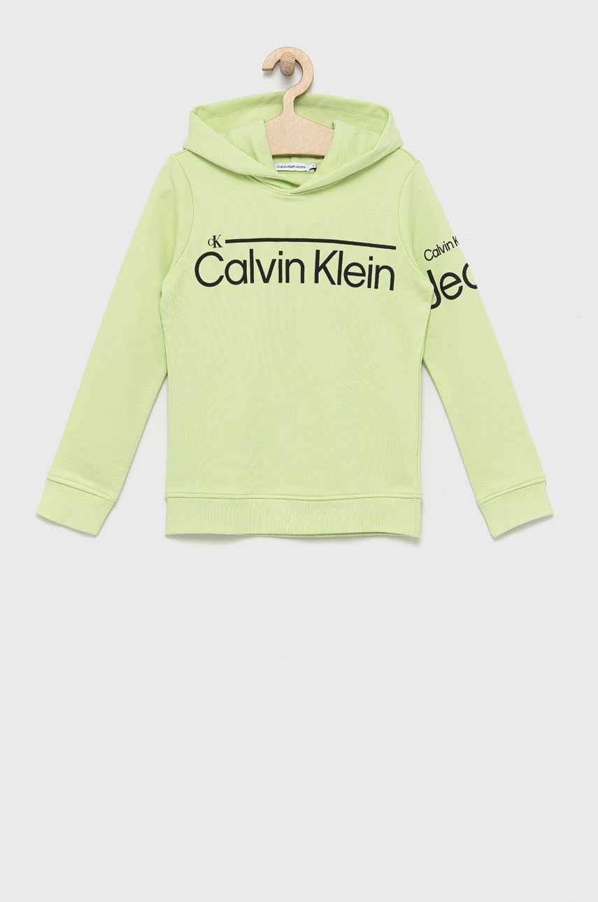 

Детски памучен суичър Calvin Klein Jeans в зелено с принт, Зелен