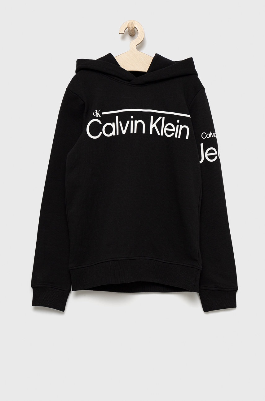 

Детски памучен суичър Calvin Klein Jeans в черно с принт, Черен
