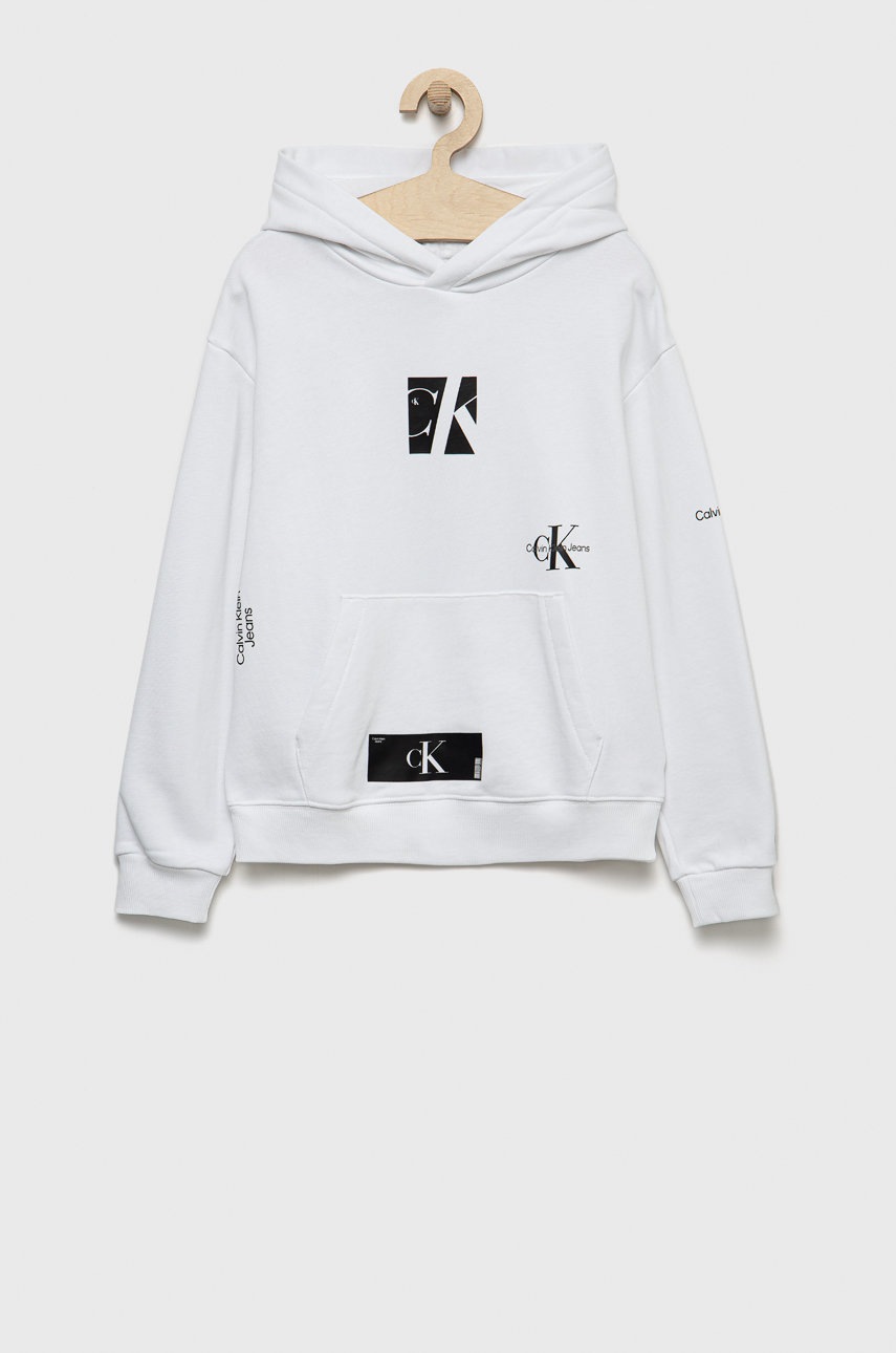 

Детски памучен суичър Calvin Klein Jeans в бяло с принт, Бял