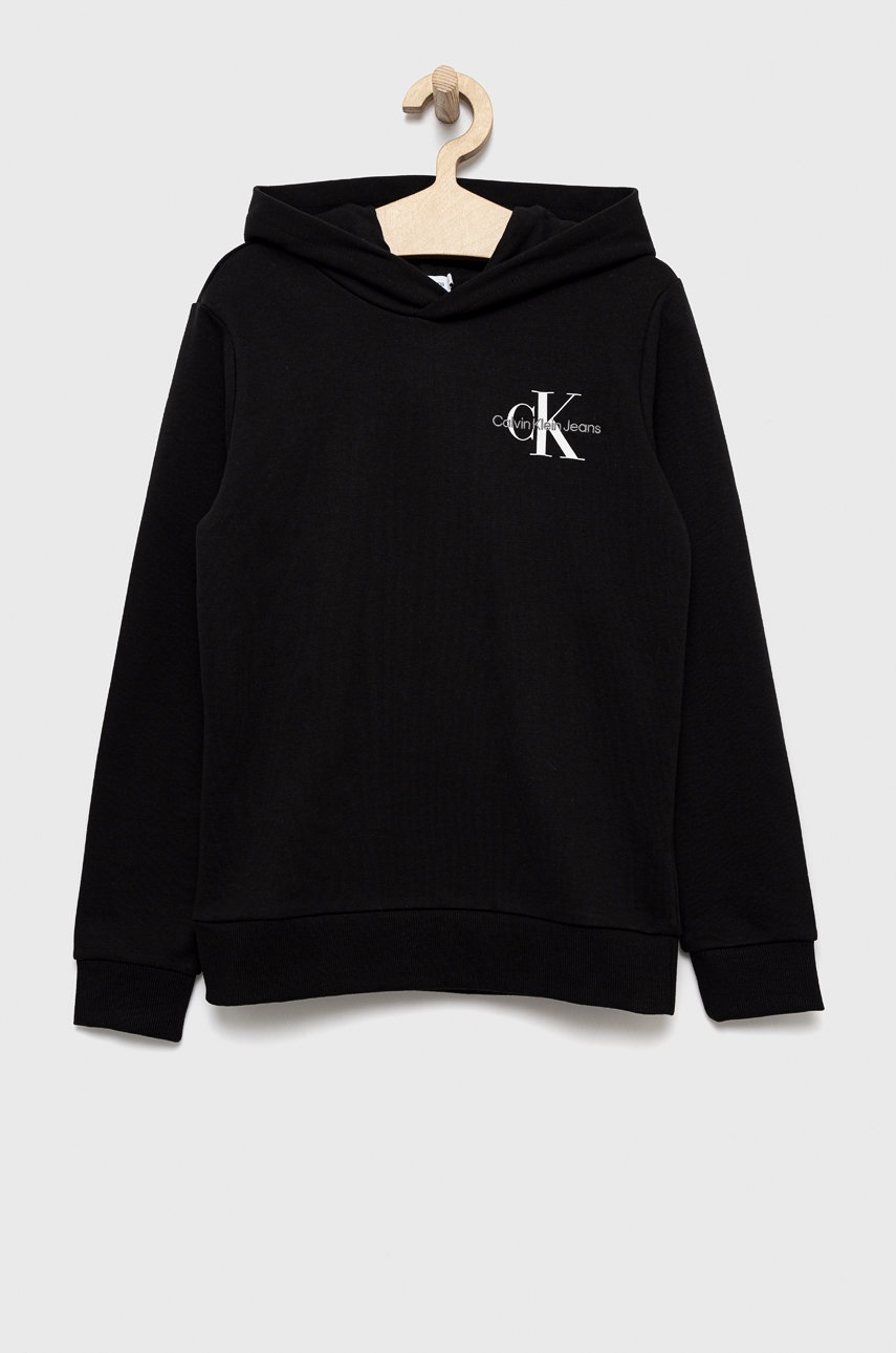 Levně Dětská bavlněná mikina Calvin Klein Jeans černá barva, s potiskem