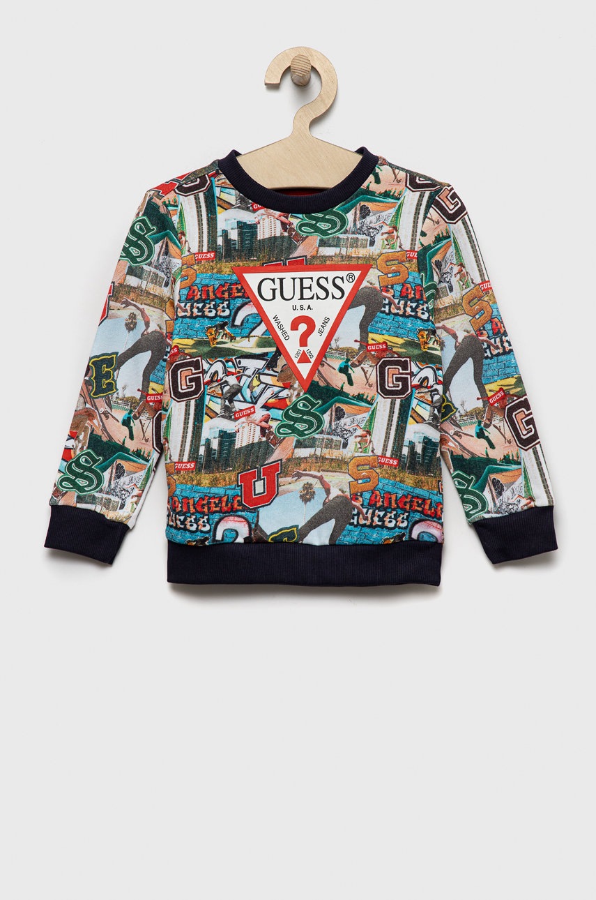 

Детски памучен суичър Guess в тъмносиньо с десен, Тъмносин