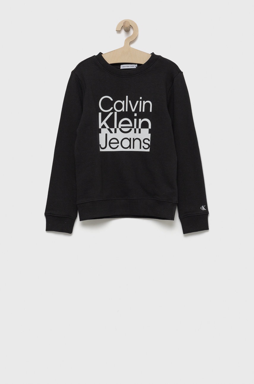 

Детски памучен суичър Calvin Klein Jeans в черно с принт, Черен