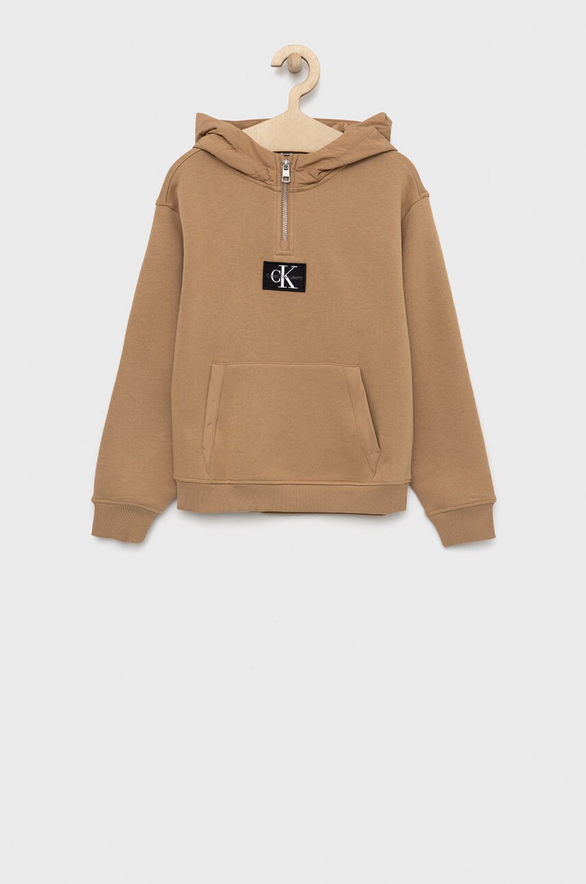

Детски суичър Calvin Klein Jeans в кафяво с качулка с изчистен дизайн, Кафяв