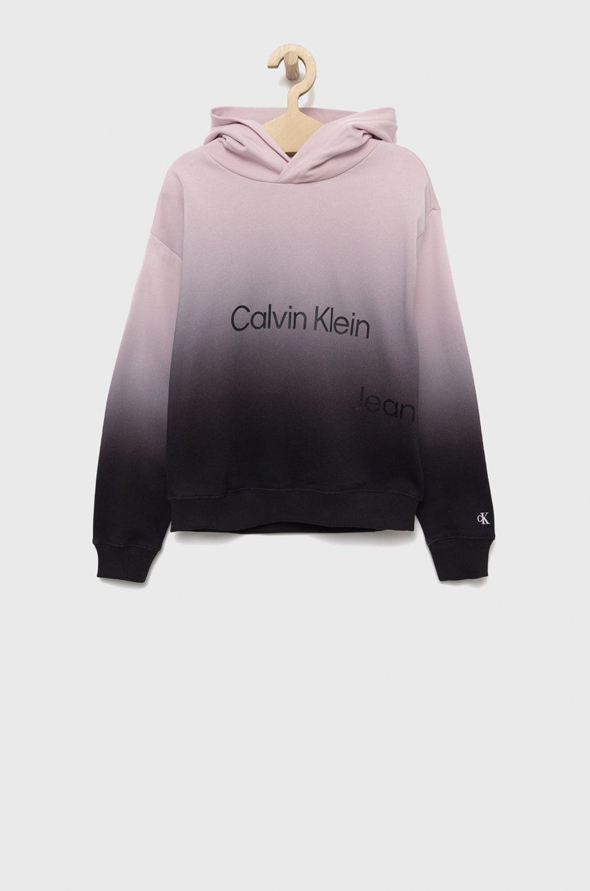 Calvin Klein Jeans bluza bawełniana dziecięca kolor fioletowy z kapturem wzorzysta