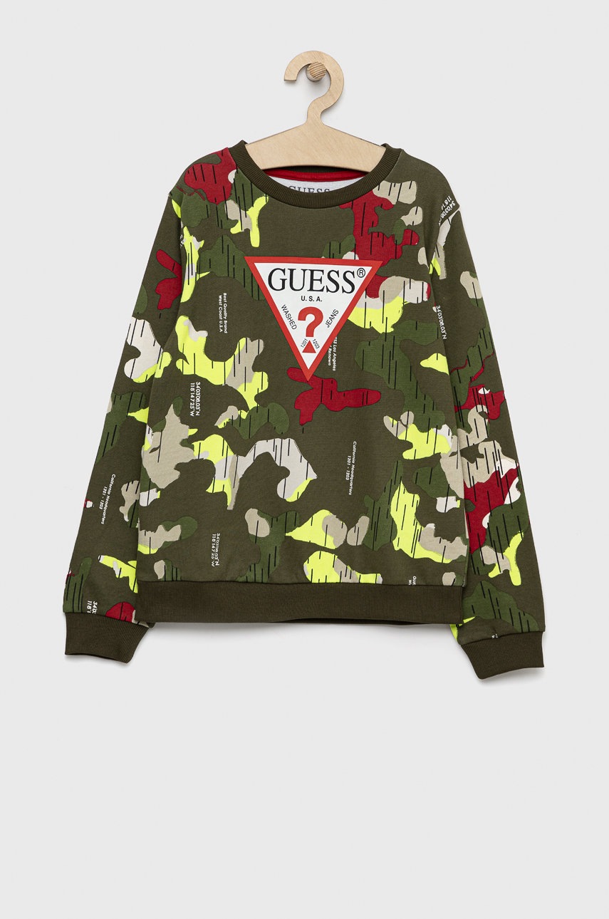 

Детски памучен суичър Guess в зелено с принт, Зелен