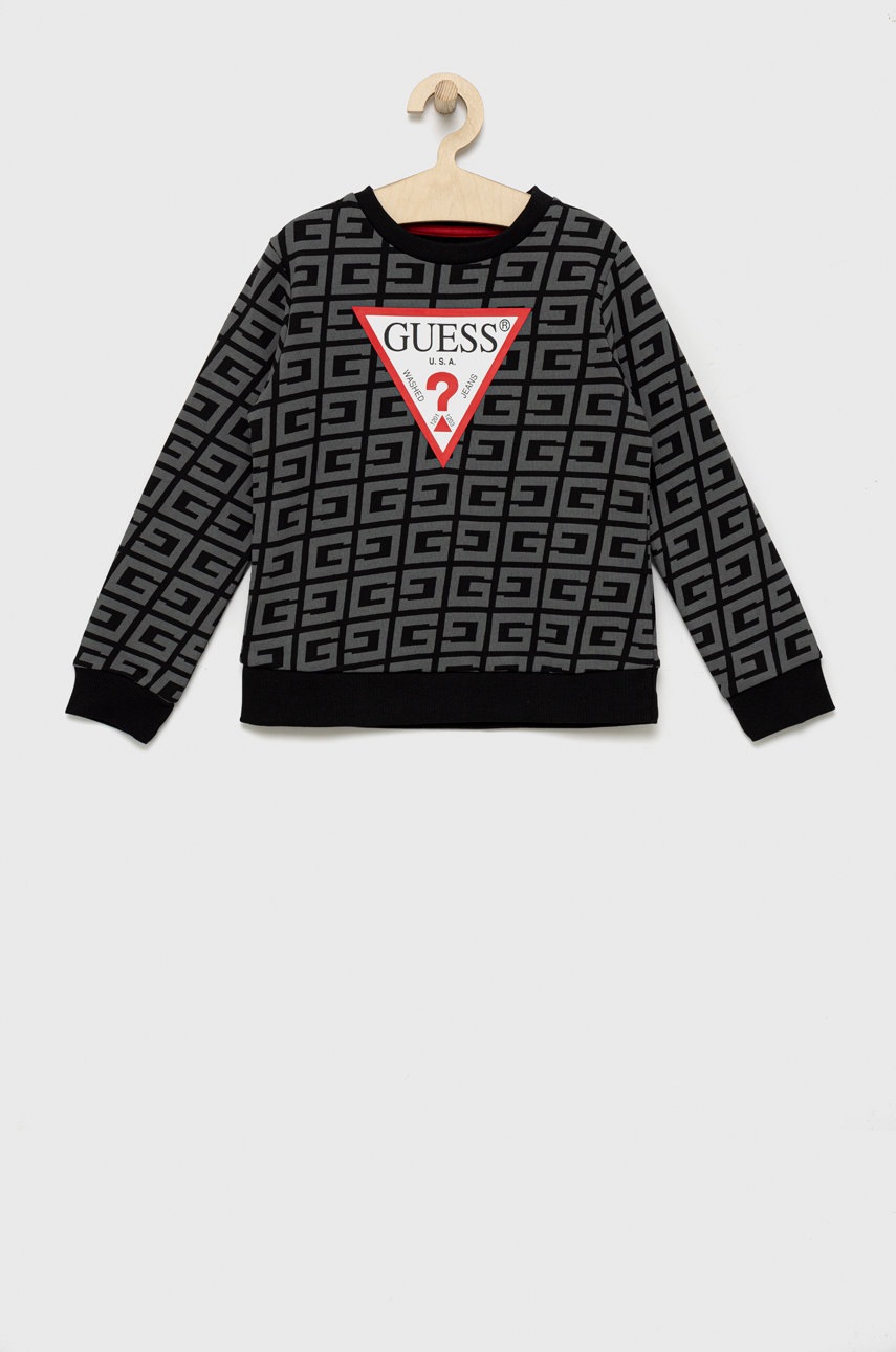 

Детски памучен суичър Guess в сиво с принт, Сив