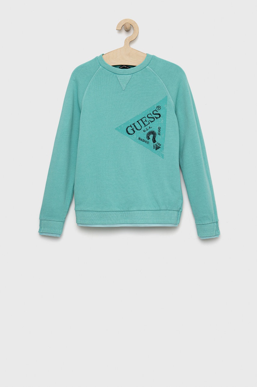 

Детски памучен суичър Guess в тюркоазено с изчистен дизайн, Тюркоазен