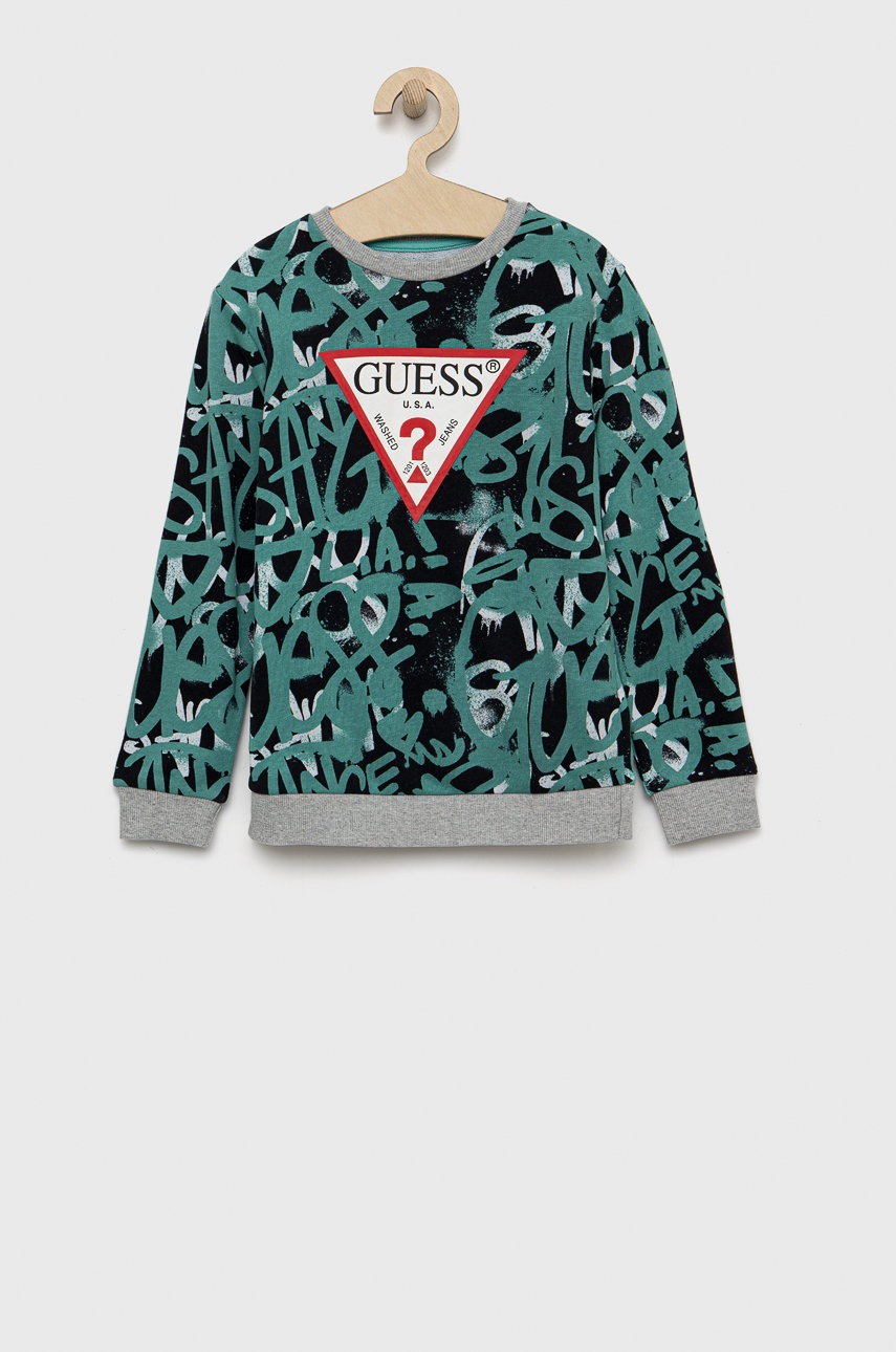 

Детски памучен суичър Guess в тюркоазено с апликация, Тюркоазен