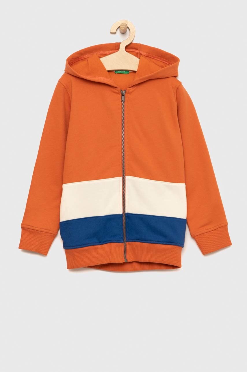 United Colors Of Benetton bluza copii culoarea portocaliu, cu glugă, cu imprimeu