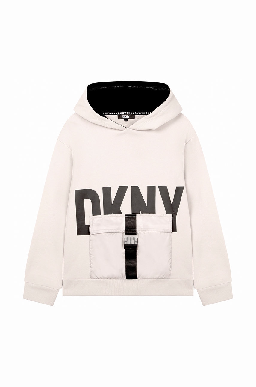Дитяча кофта Dkny колір бежевий з капюшоном з принтом Дитяча кофта Dkny колір бежевий з капюшоном з принтом