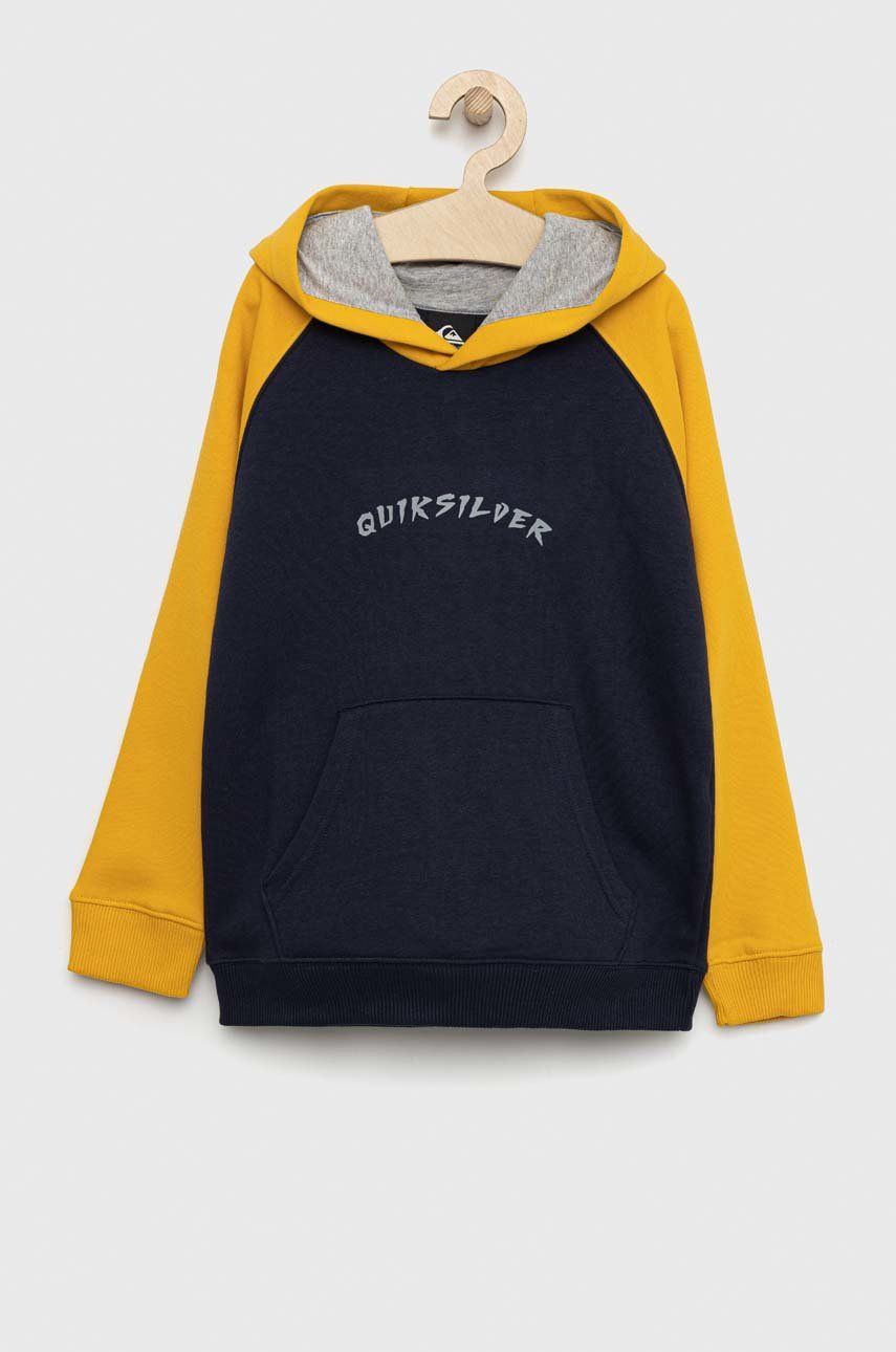 Quiksilver bluza copii culoarea albastru marin, cu glugă, cu imprimeu