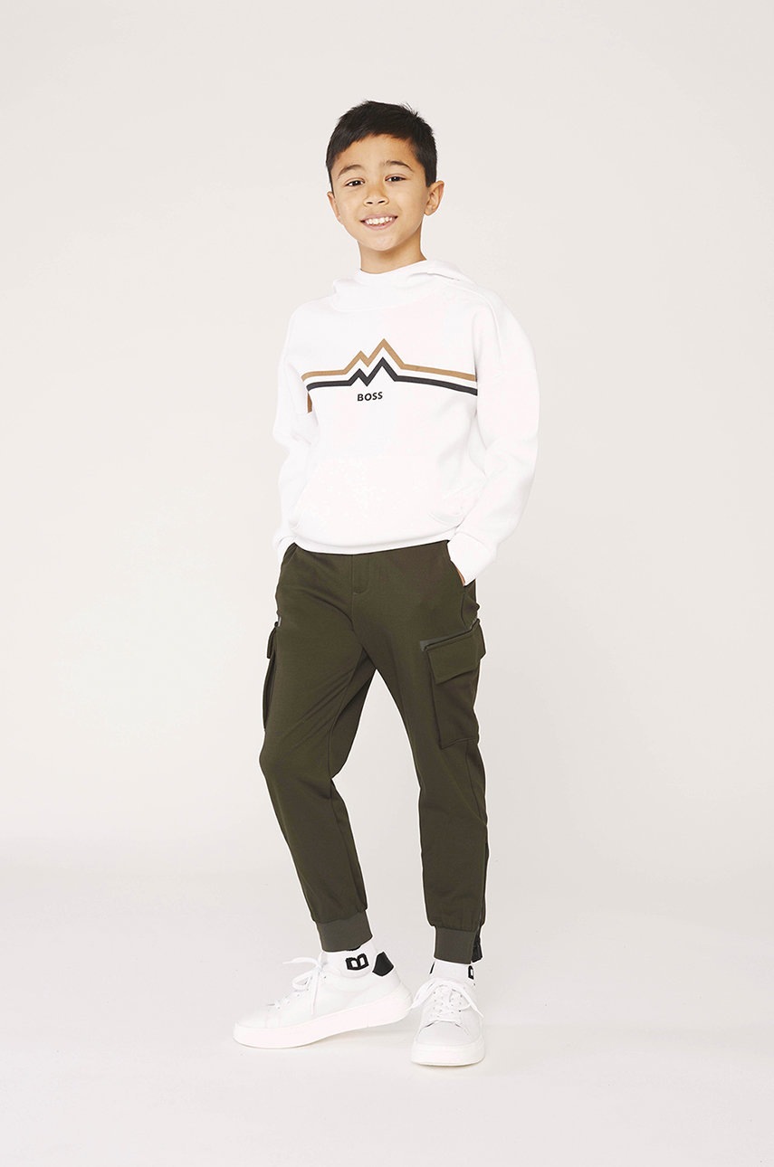 

Детски суичър BOSS в бяло с качулка с принт, Бял