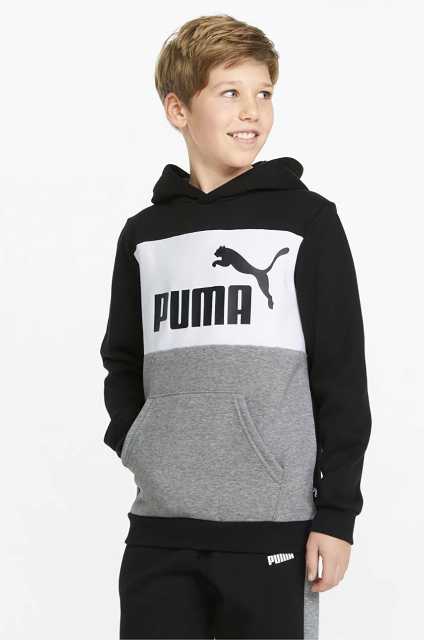 Dětská mikina Puma černá barva, s kapucí, vzorovaná