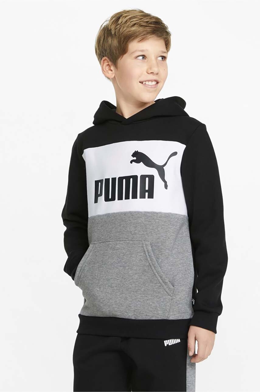 Levně Dětská mikina Puma černá barva, s kapucí, vzorovaná