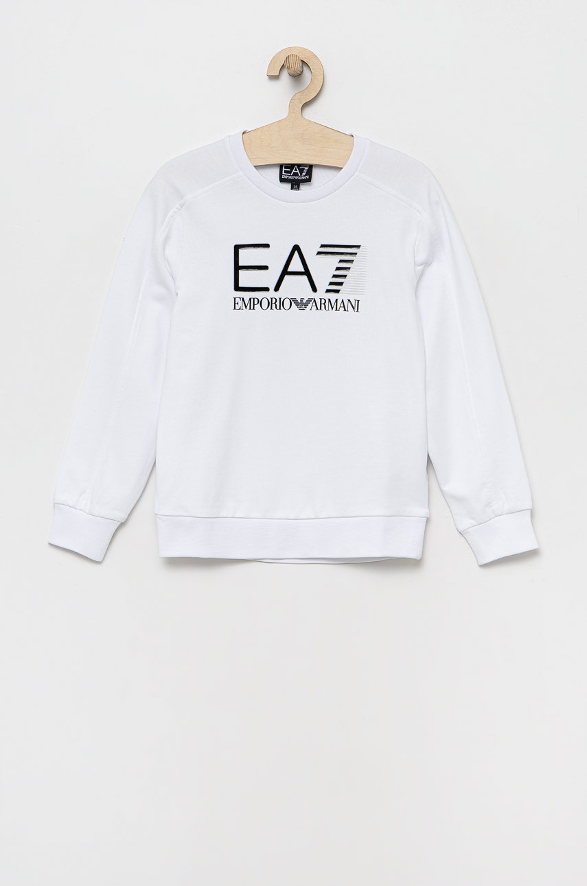 

Детски памучен суичър EA7 Emporio Armani в бяло с принт, Бял