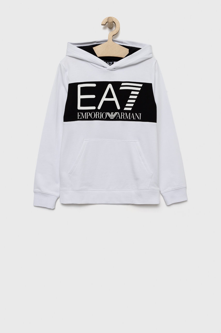 

Детски памучен суичър EA7 Emporio Armani в бяло с принт, Бял