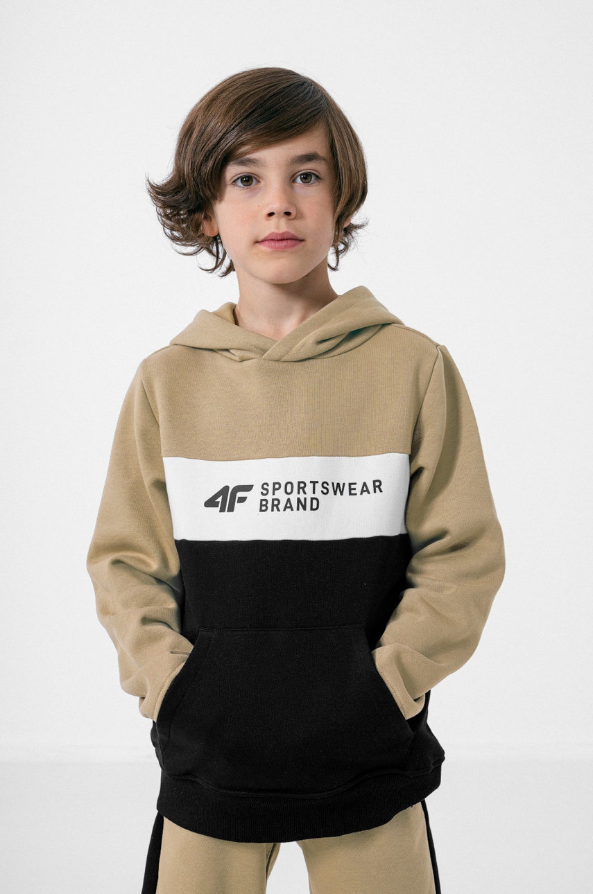 4F bluza copii culoarea galben, cu glugă, cu imprimeu