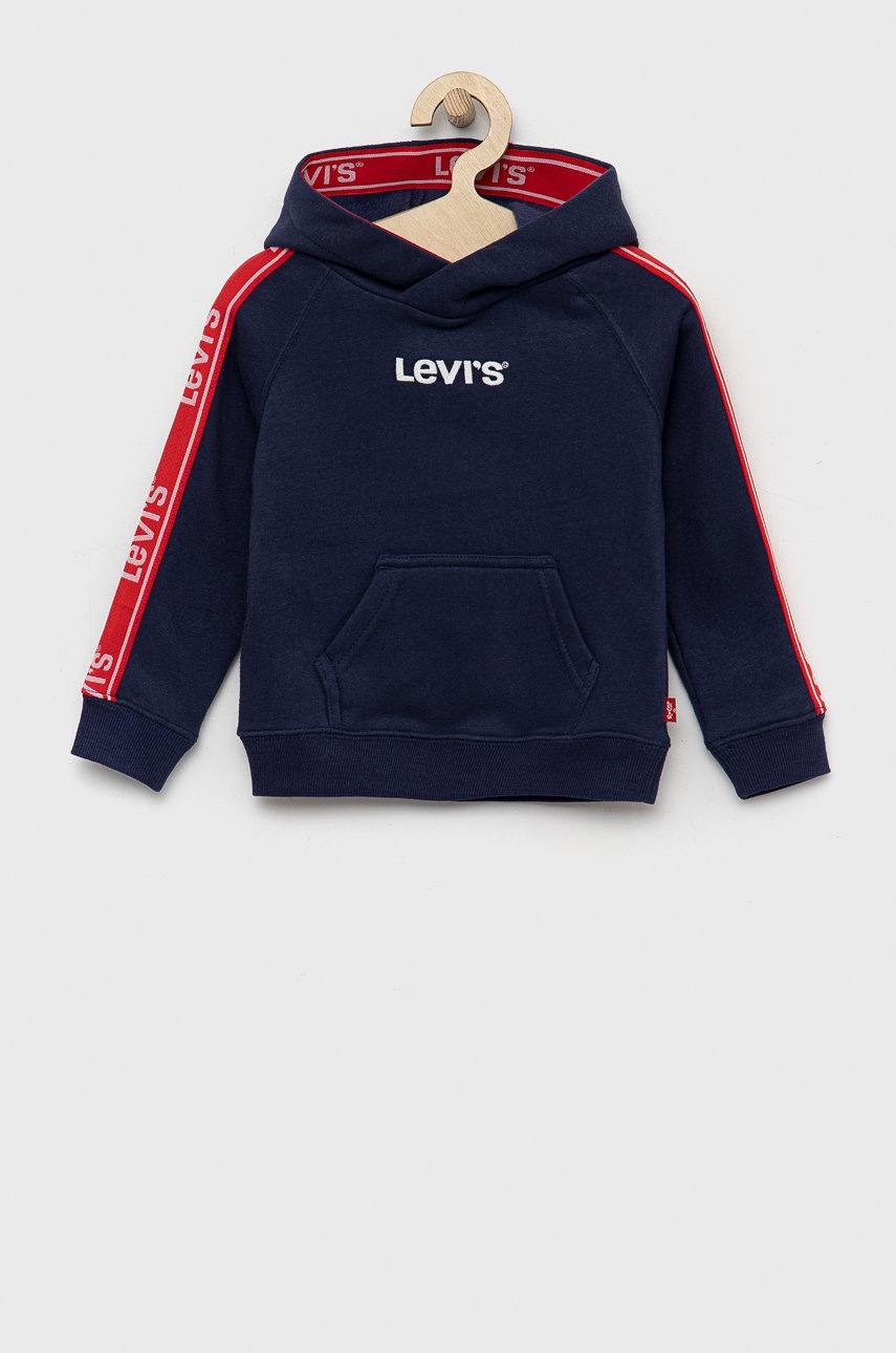 

Детски памучен суичър Levi's в тъмносиньо с качулка с принт, Тъмносин