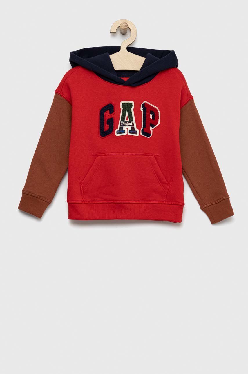 Dětská mikina GAP červená barva, s kapucí, vzorovaná - červená -  Hlavní materiál: 77% Bavlna