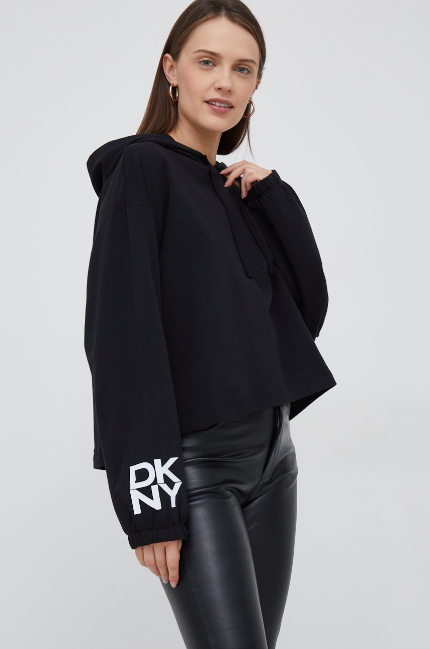 Dkny bluza femei, culoarea negru, cu glugă, cu imprimeu