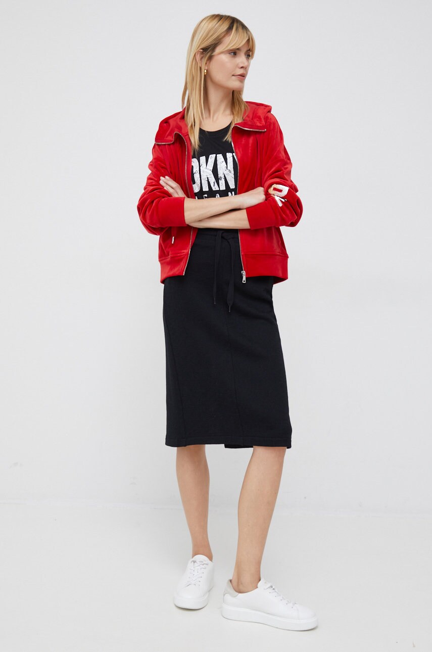 

Кофта Dkny женская цвет красный с капюшоном с аппликацией