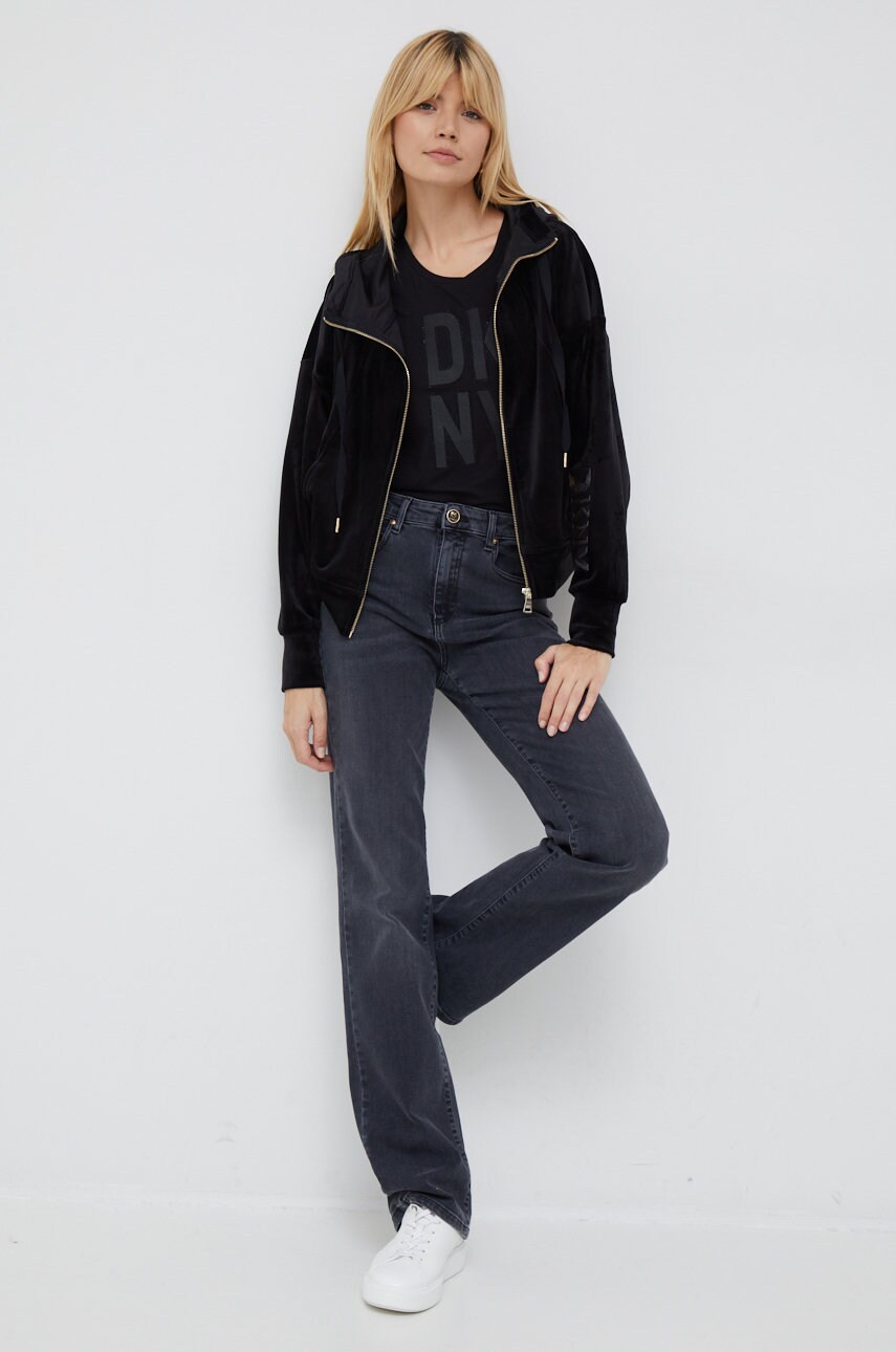 

Кофта Dkny женская цвет чёрный с капюшоном с аппликацией