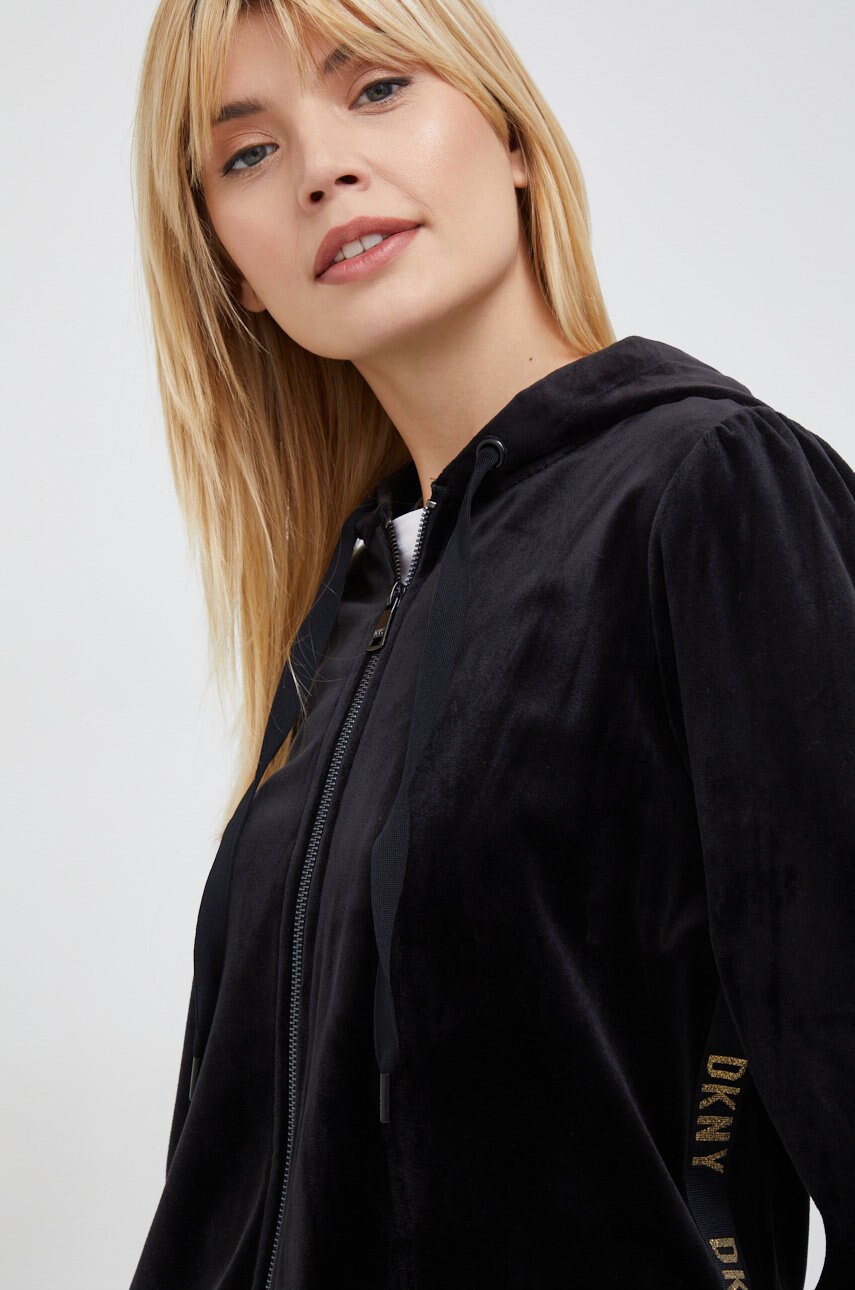 

Кофта Dkny жіноча колір чорний з капюшоном з аплікацією
