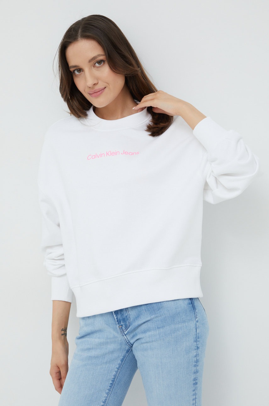 

Памучен суичър Calvin Klein Jeans в бяло с принт, Бял
