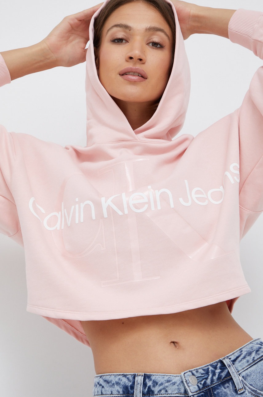 

Памучен суичър Calvin Klein Jeans в розово с принт, Розов