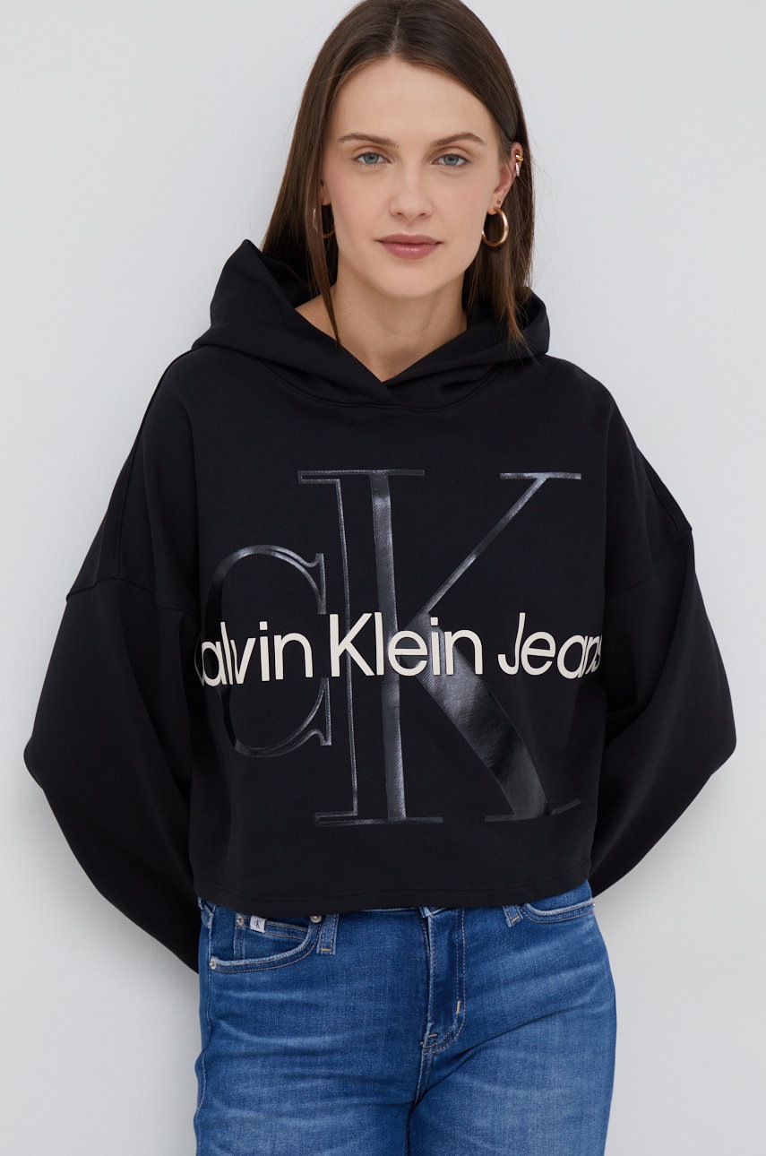 

Памучен суичър Calvin Klein Jeans в черно с принт, Черен