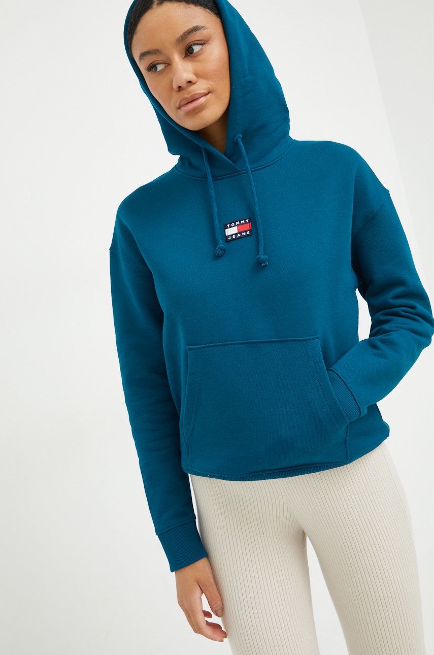 

Хлопковая кофта Tommy Jeans женская цвет бирюзовый однотонная
