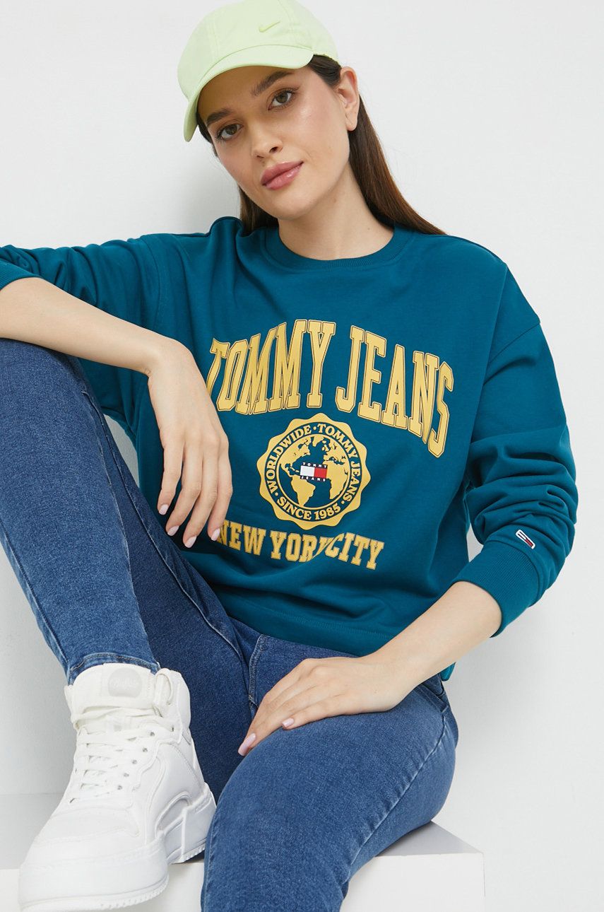 Tommy Jeans bluza femei, culoarea turcoaz, cu imprimeu answear.ro answear.ro