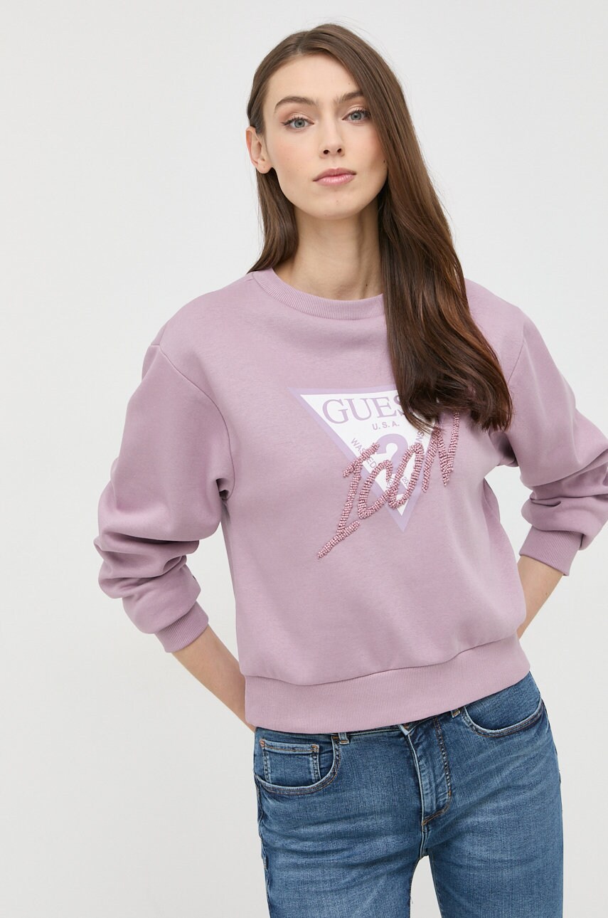 

Суичър Guess в лилаво с апликация, Виолетов